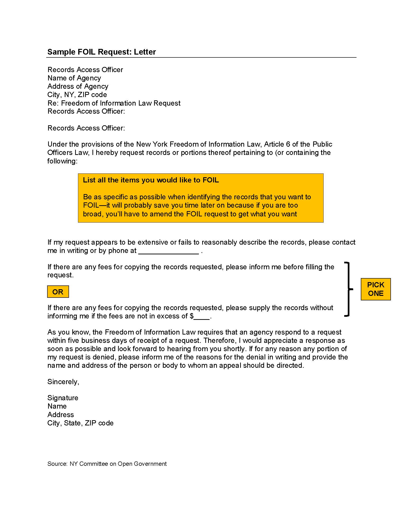 Sample FOIL Request: Letter