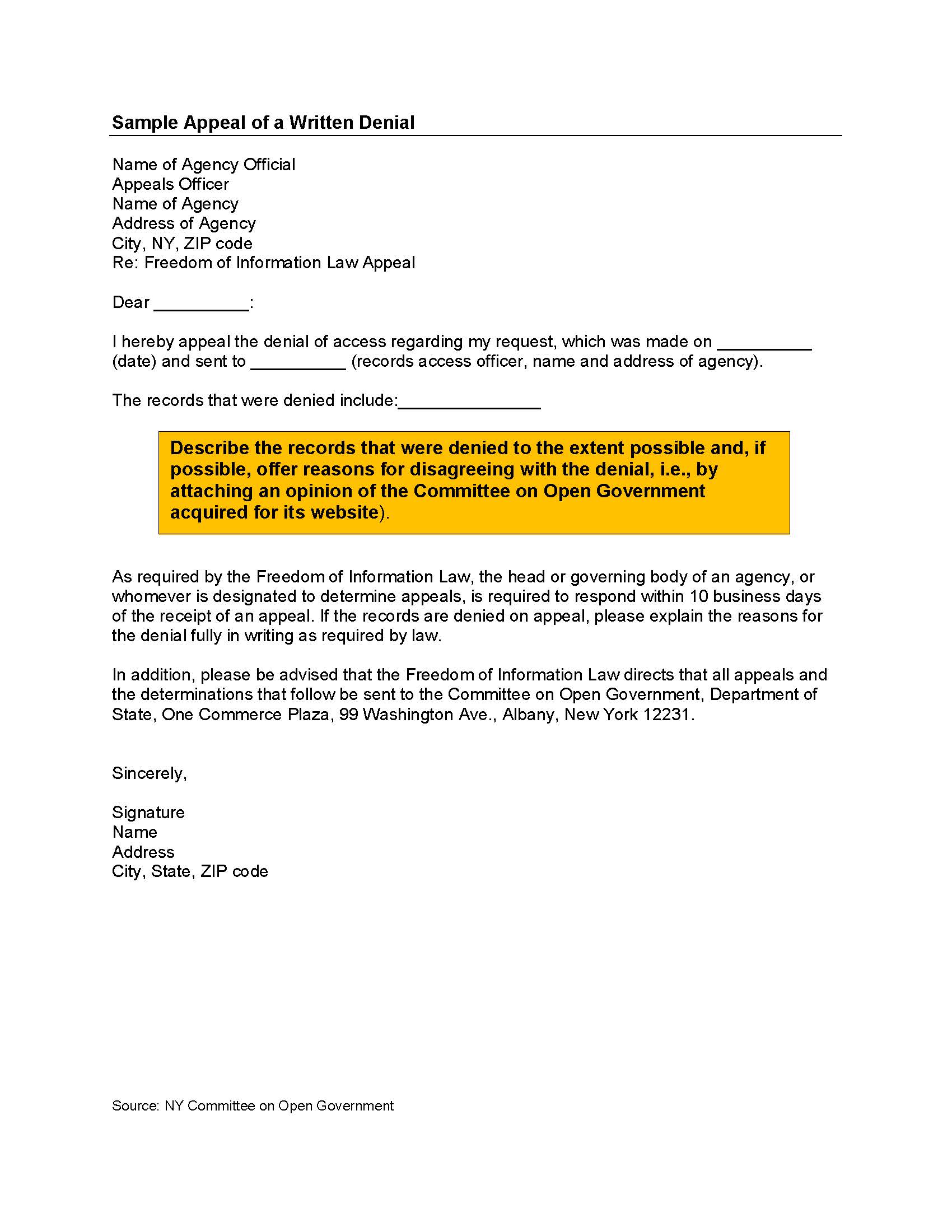 Sample Appeal of a Written Denial