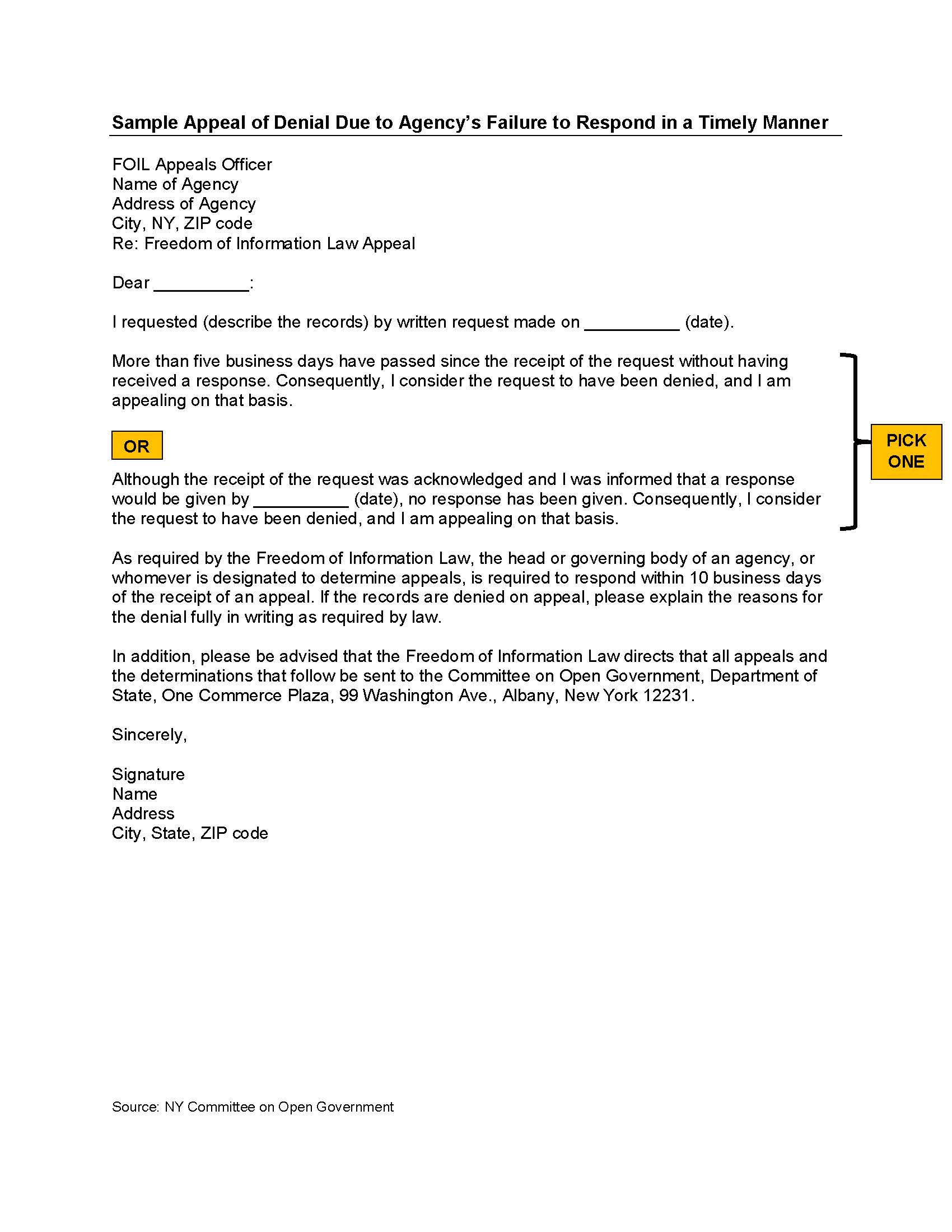 Sample Appeal of Denial Due to Agency Failure to Respond in a Timely Manner